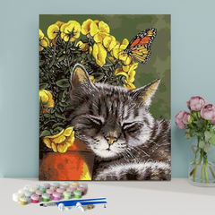 Sleeping Cat and Butterflys-Paint by Numbers