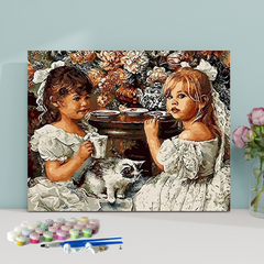 Two Little Girl Drinking Tea-Paint by Numbers