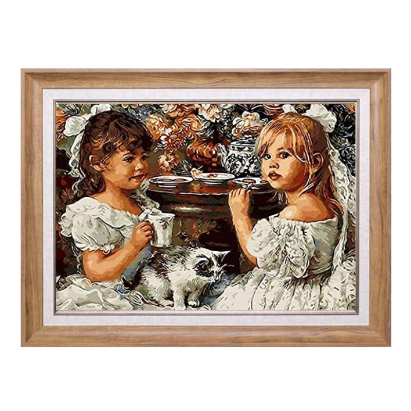 Two Little Girl Drinking Tea-Paint by Numbers