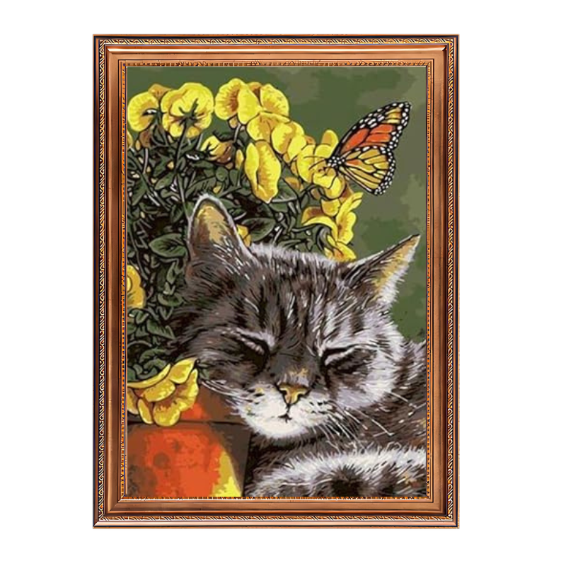 Sleeping Cat and Butterflys-Paint by Numbers