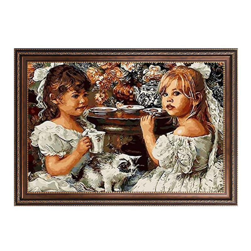 Two Little Girl Drinking Tea-Paint by Numbers