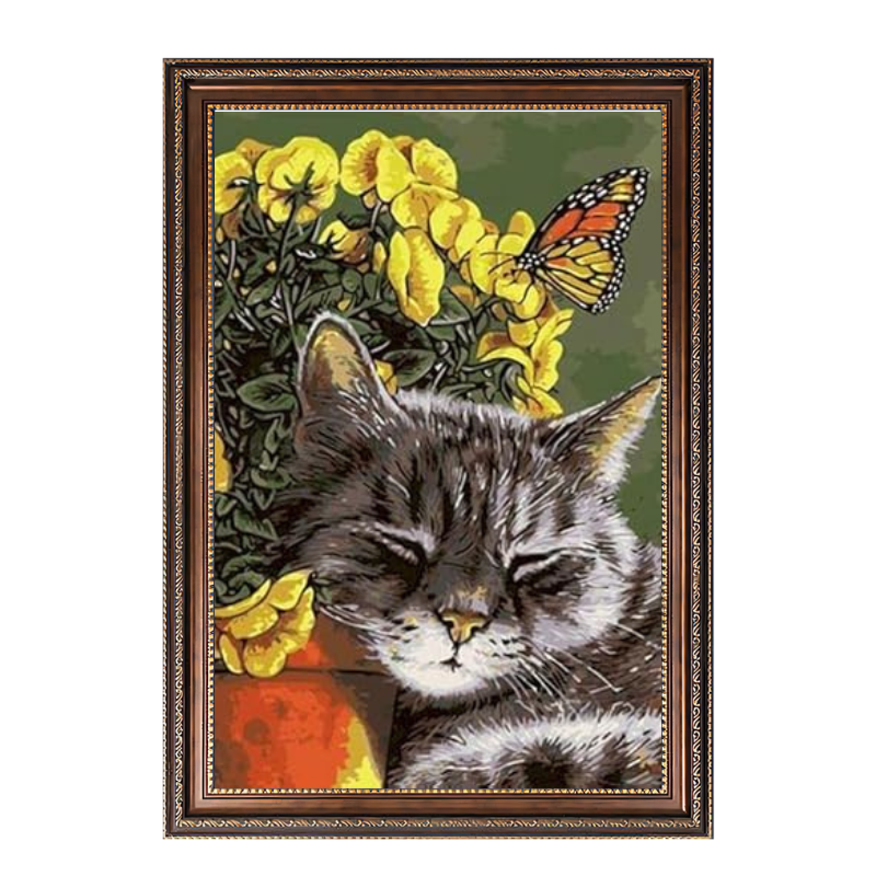 Sleeping Cat and Butterflys-Paint by Numbers